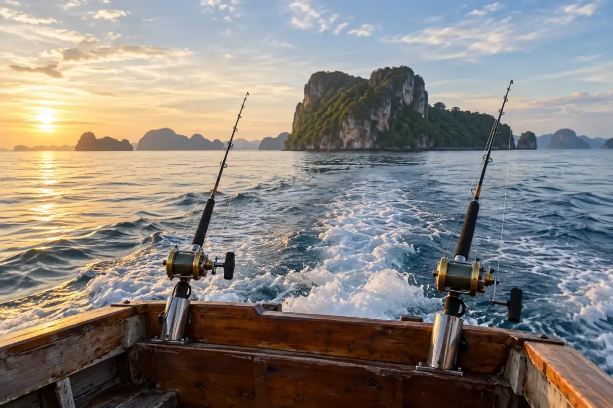 Удочки на корме деревянной лодки на спокойной воде