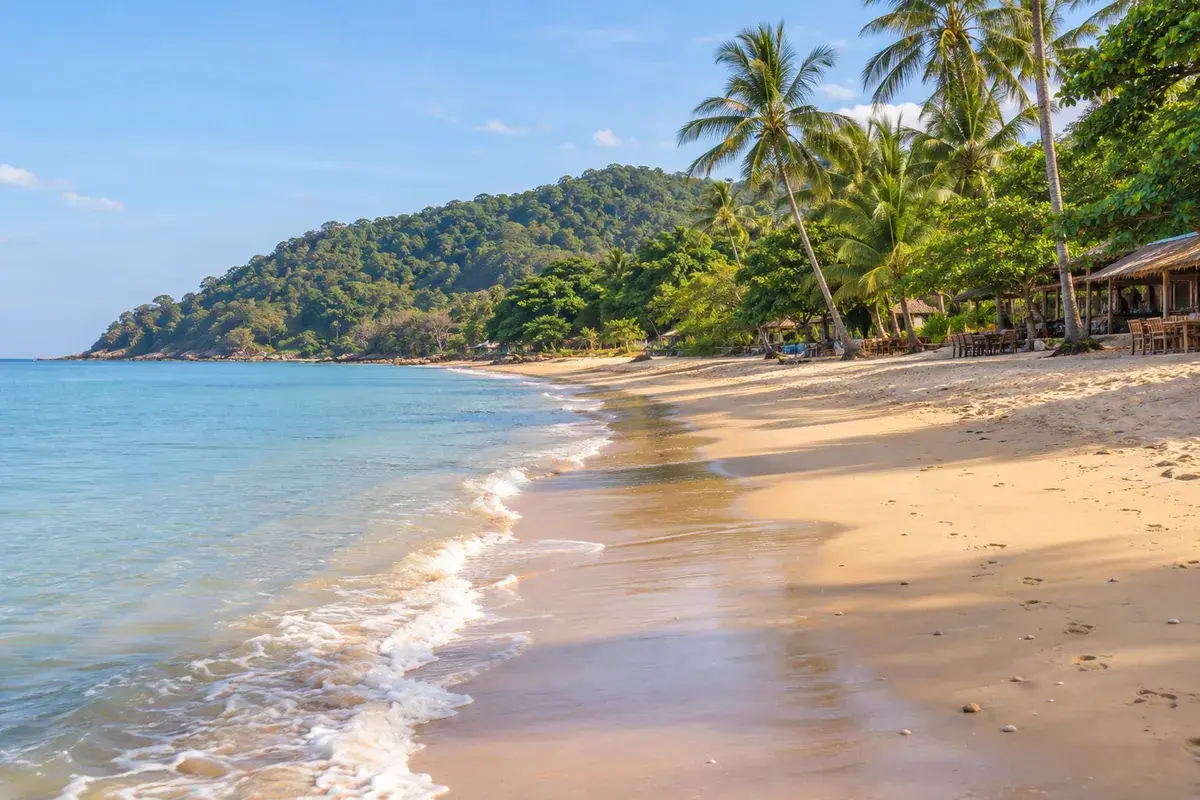หาดทรายฝั่งตะวันตกที่มีต้นมะพร้าวและเนินเขาเตี้ย ๆ ปกคลุมด้วยป่า