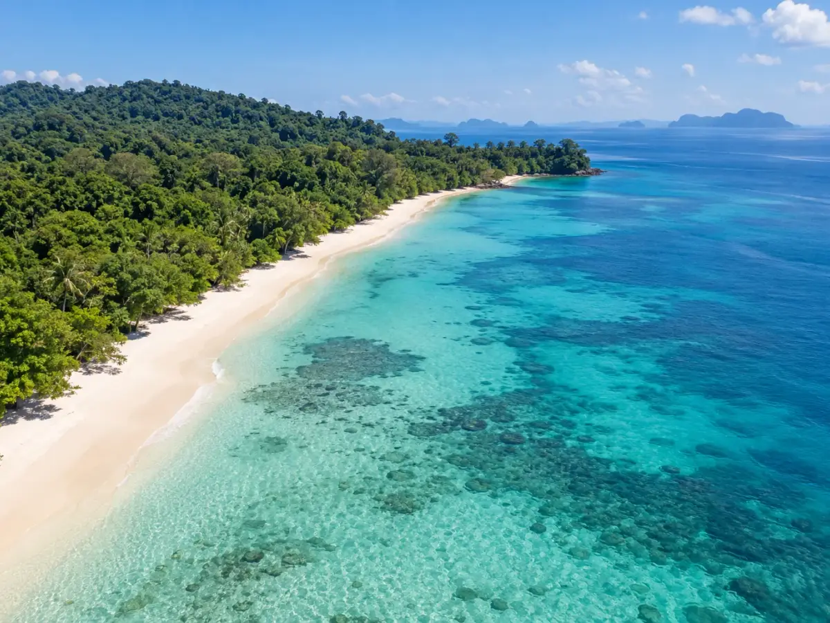 White sand and clear turquoise water beside the forested shore of Koh Kradan