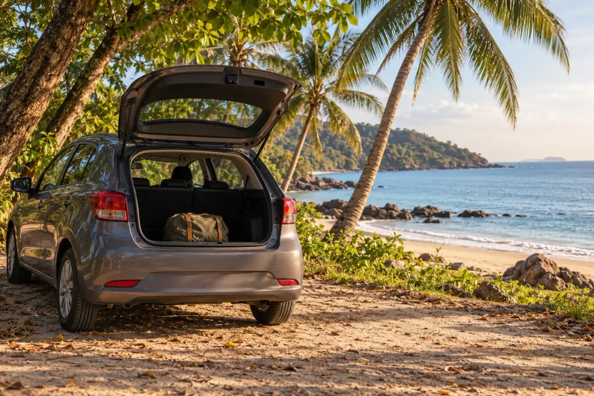 Open car boot with a day bag beside a Koh Lanta beach