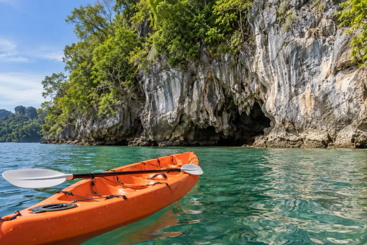 Kayak beside a limestone sea-cave entrance in turquoise water