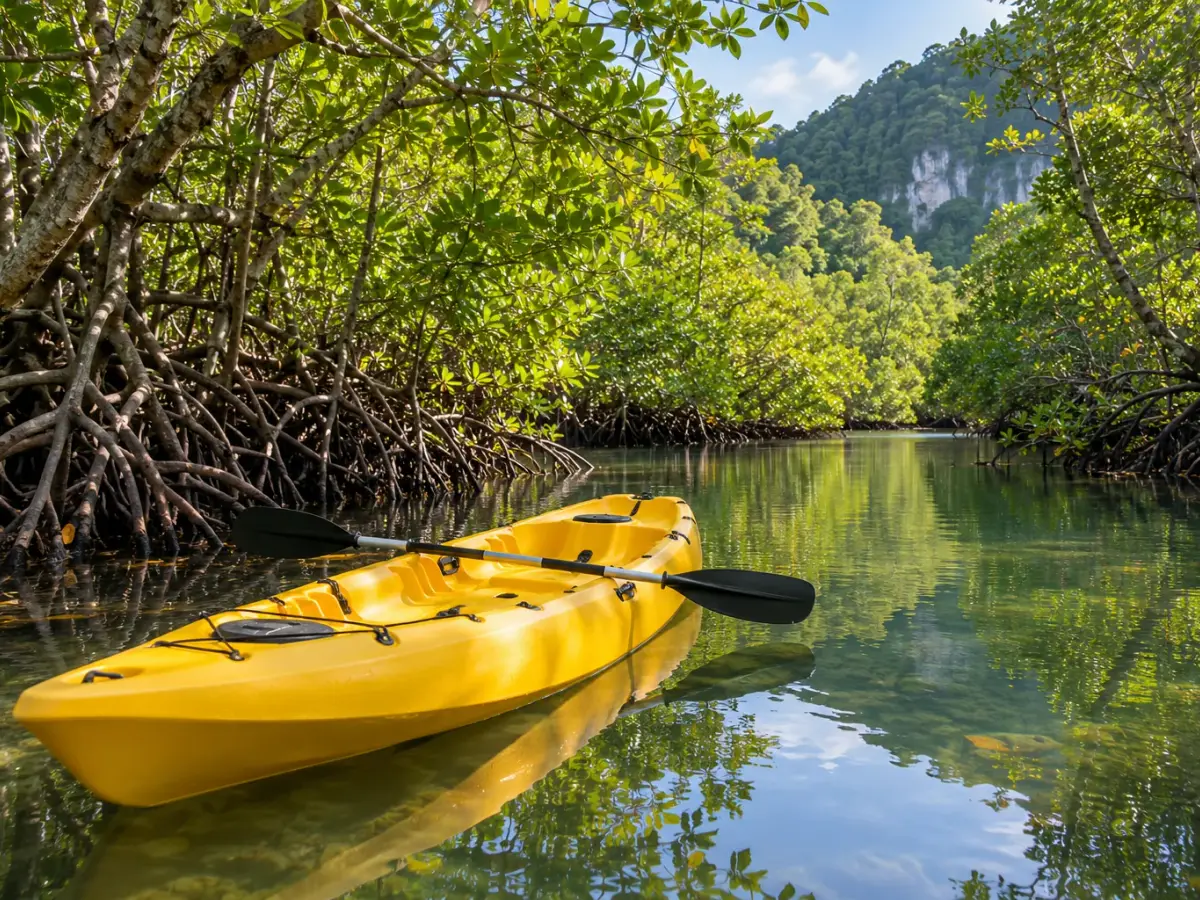 Kayak on a mangrove creek surrounded by tangled roots and tropical forest
