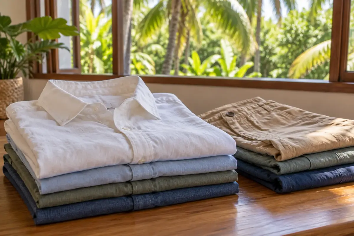 Neatly folded shirts and shorts ready to pack for a Thailand holiday