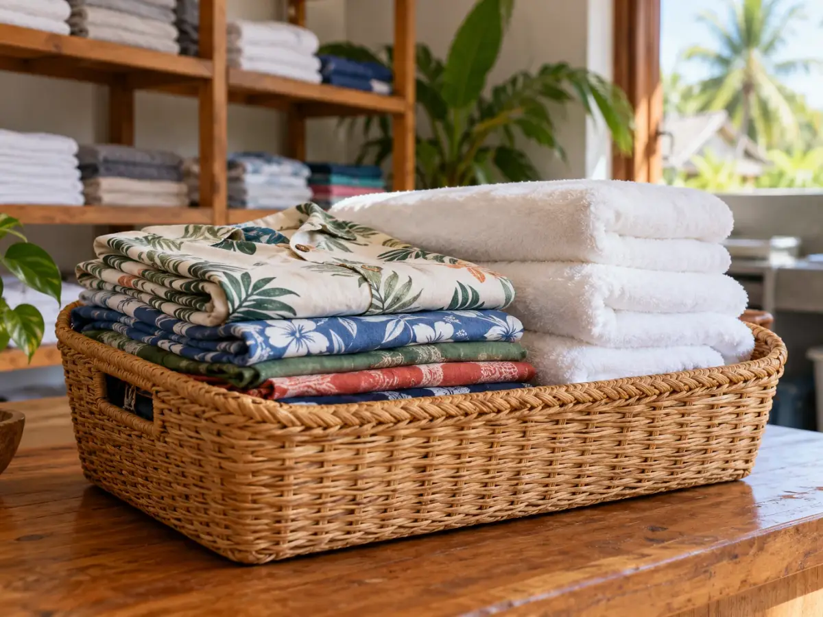 Freshly folded holiday clothes and towels in a tropical Thai laundry setting
