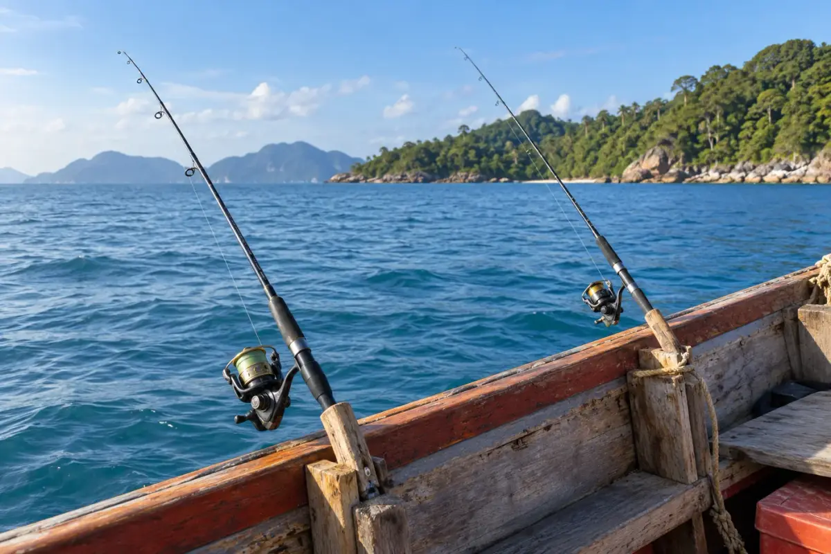 Fishing rods aboard a wooden boat on the Andaman Sea