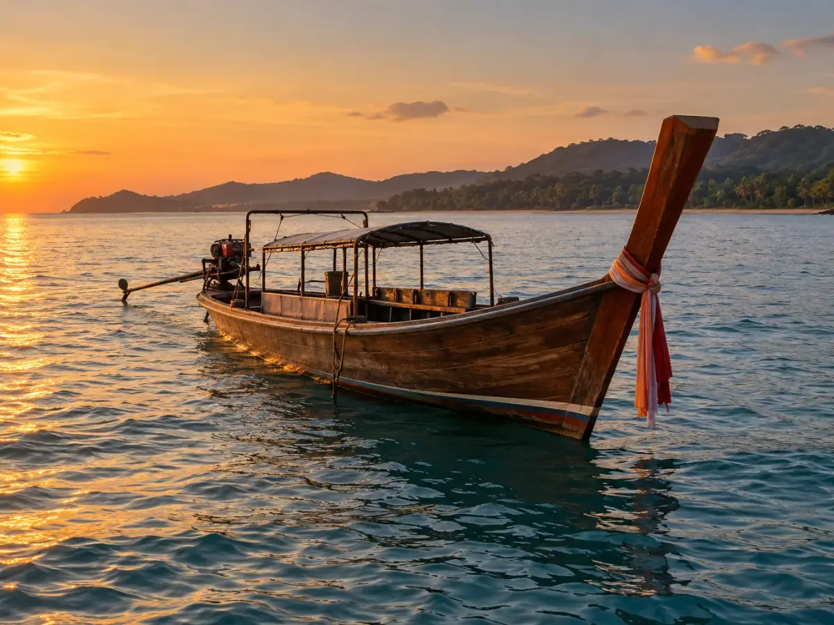 Longtail boat on the Andaman Sea at sunset near Koh Lanta