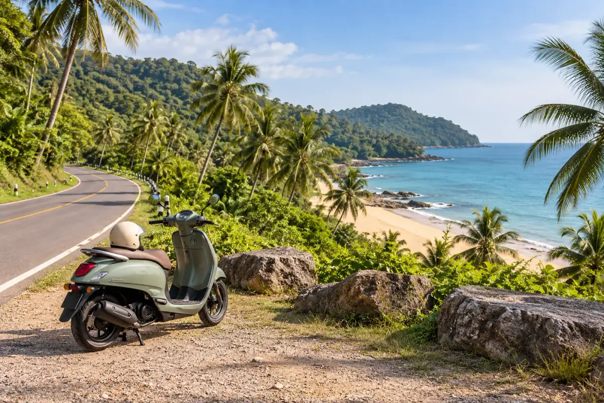 Scooter parked at a viewpoint beside a winding Koh Lanta coast road