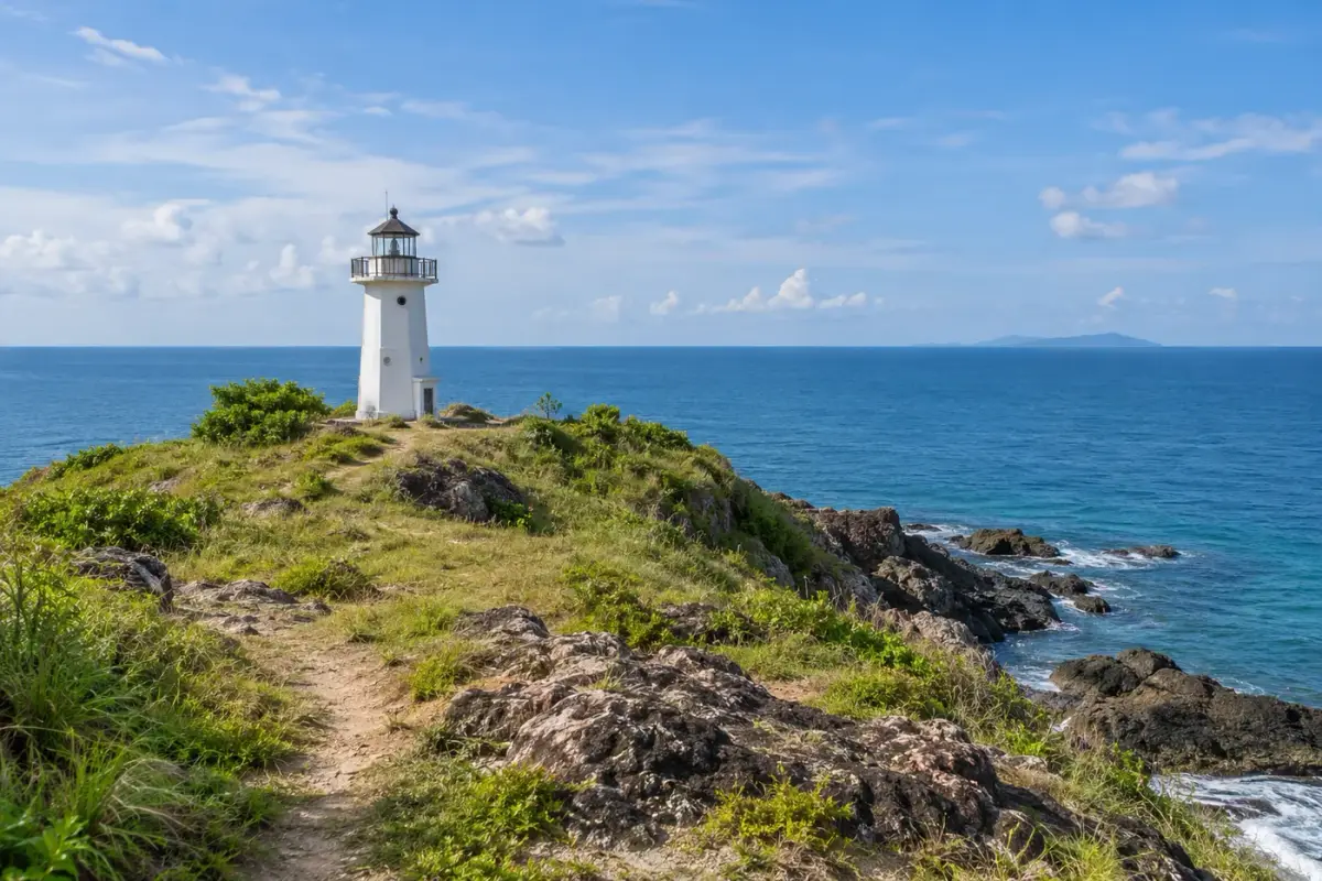 White lighthouse above a rocky cape and the Andaman Sea