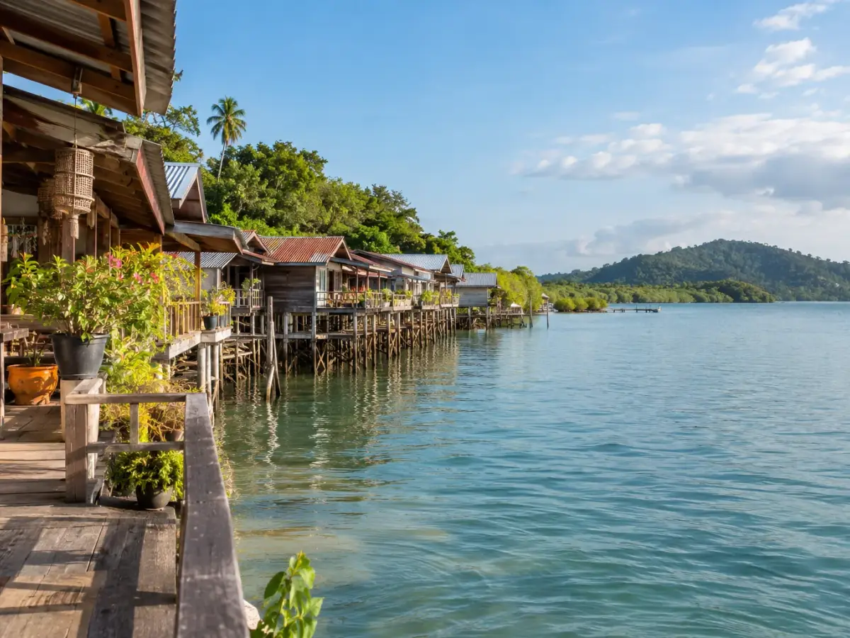 Wooden waterfront houses beside calm water on Koh Lanta’s east coast