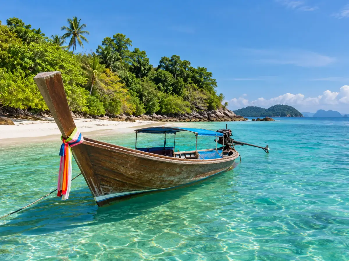 Thai longtail boat beside an island beach in the turquoise Andaman Sea