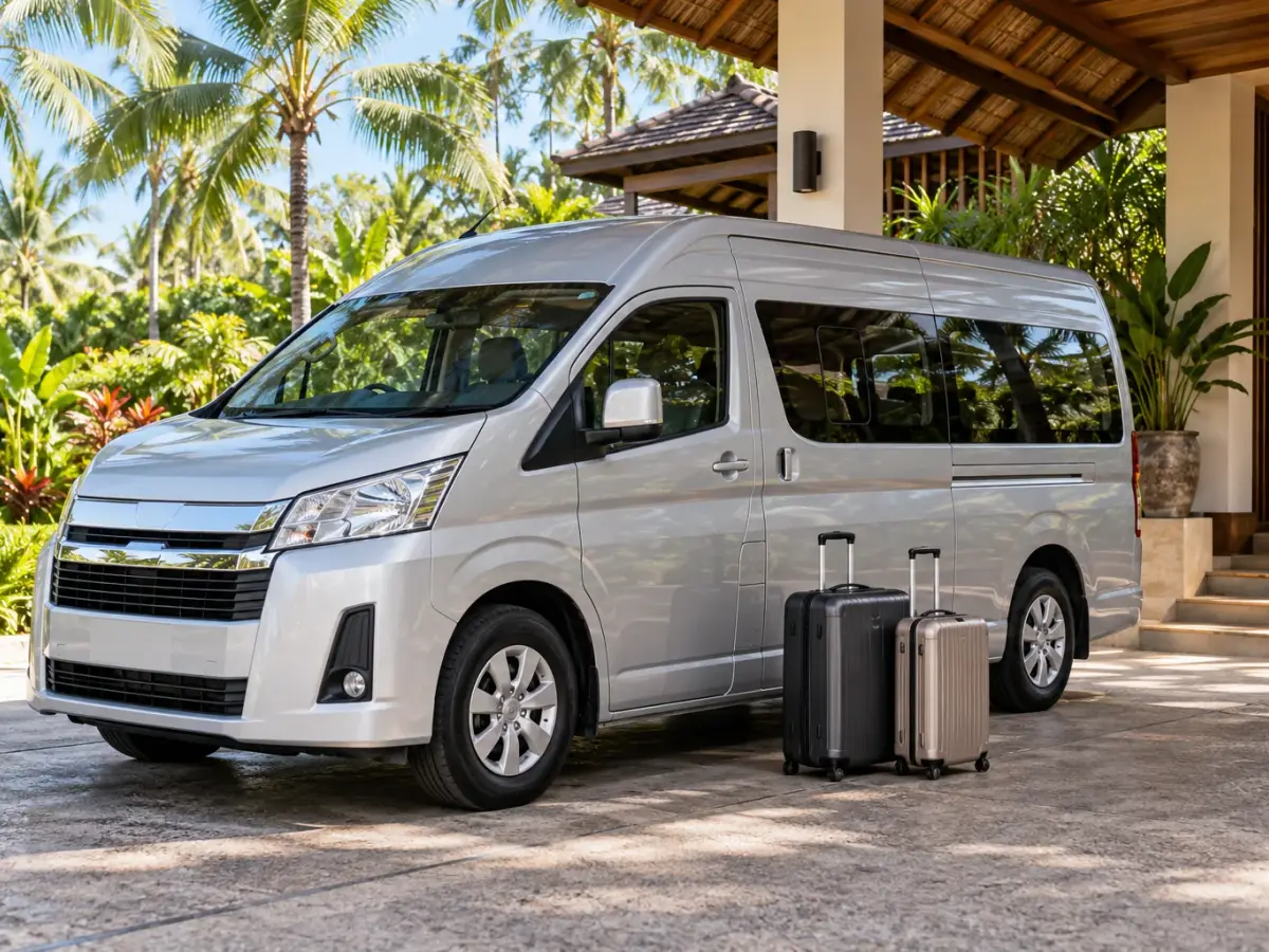 Passenger minivan and luggage at a tropical resort arrival point in Thailand