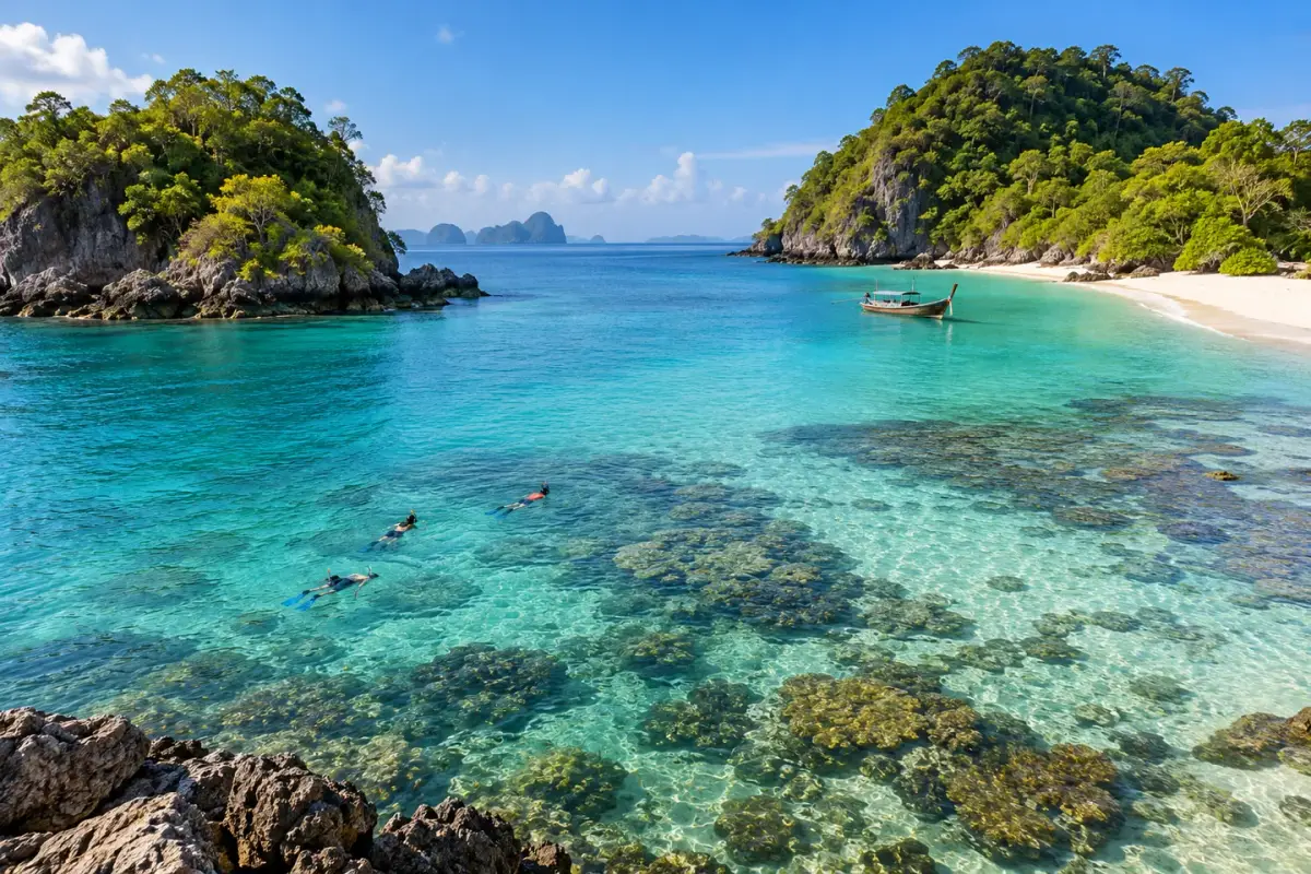หาดทรายขาวและน้ำตื้นใสข้างเกาะเมืองร้อนที่ปกคลุมด้วยป่า