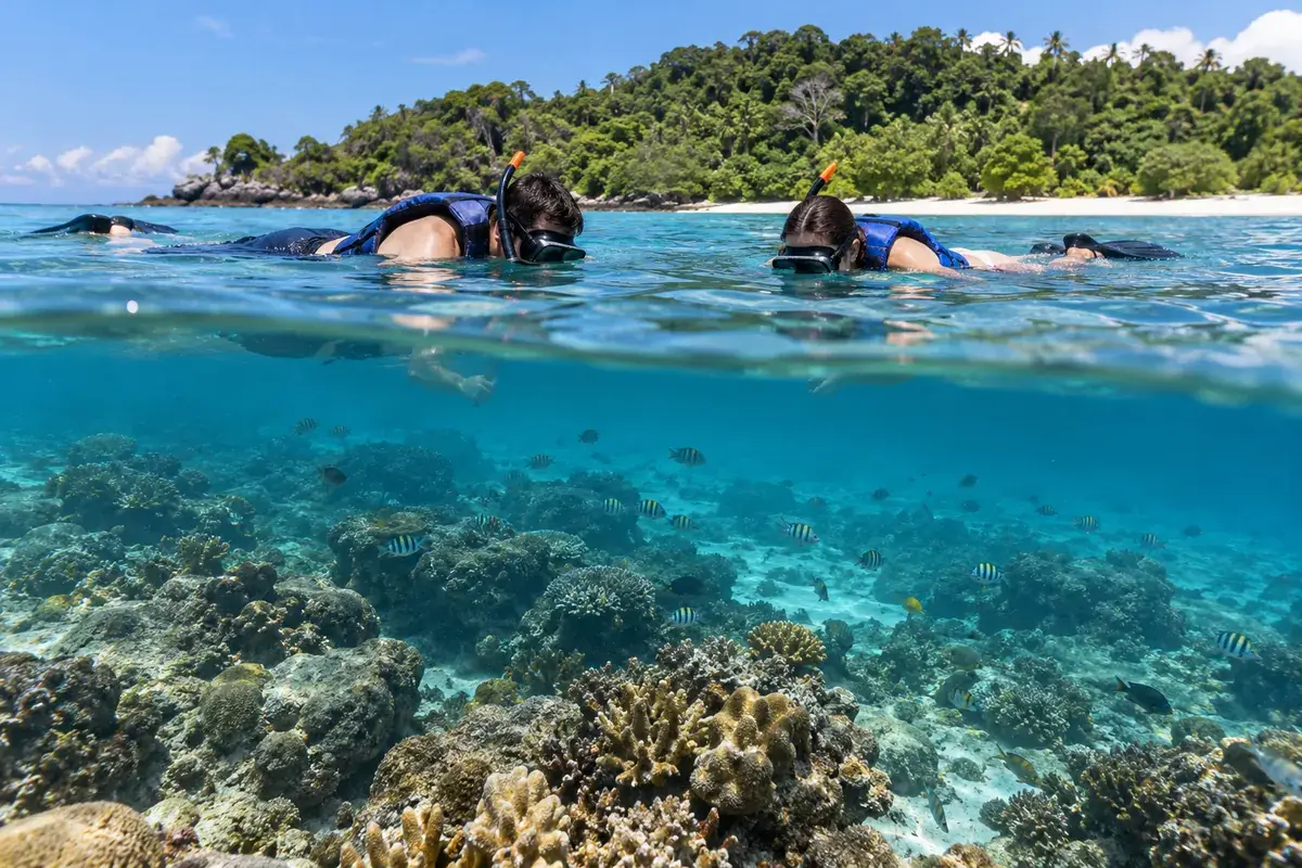 穿着浮力背心的浮潜者漂在海岛浅礁上方