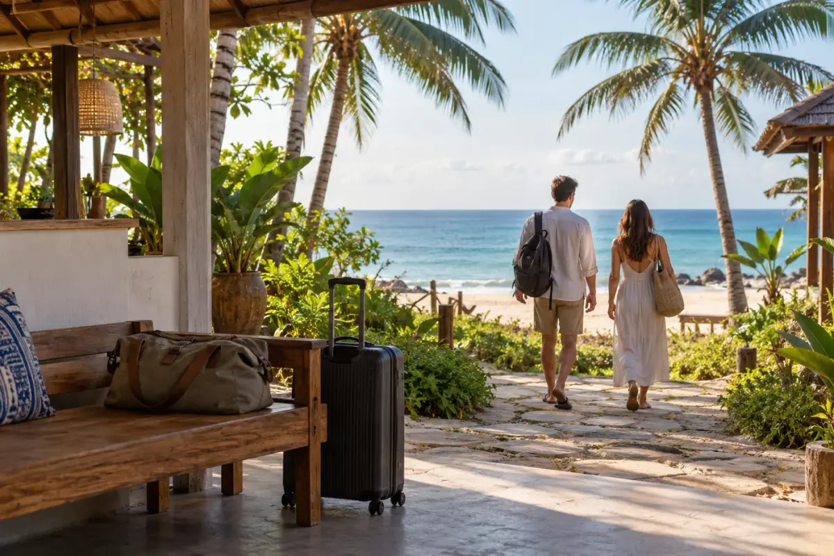 Holiday luggage at a palm-lined beach resort arrival area on Koh Lanta