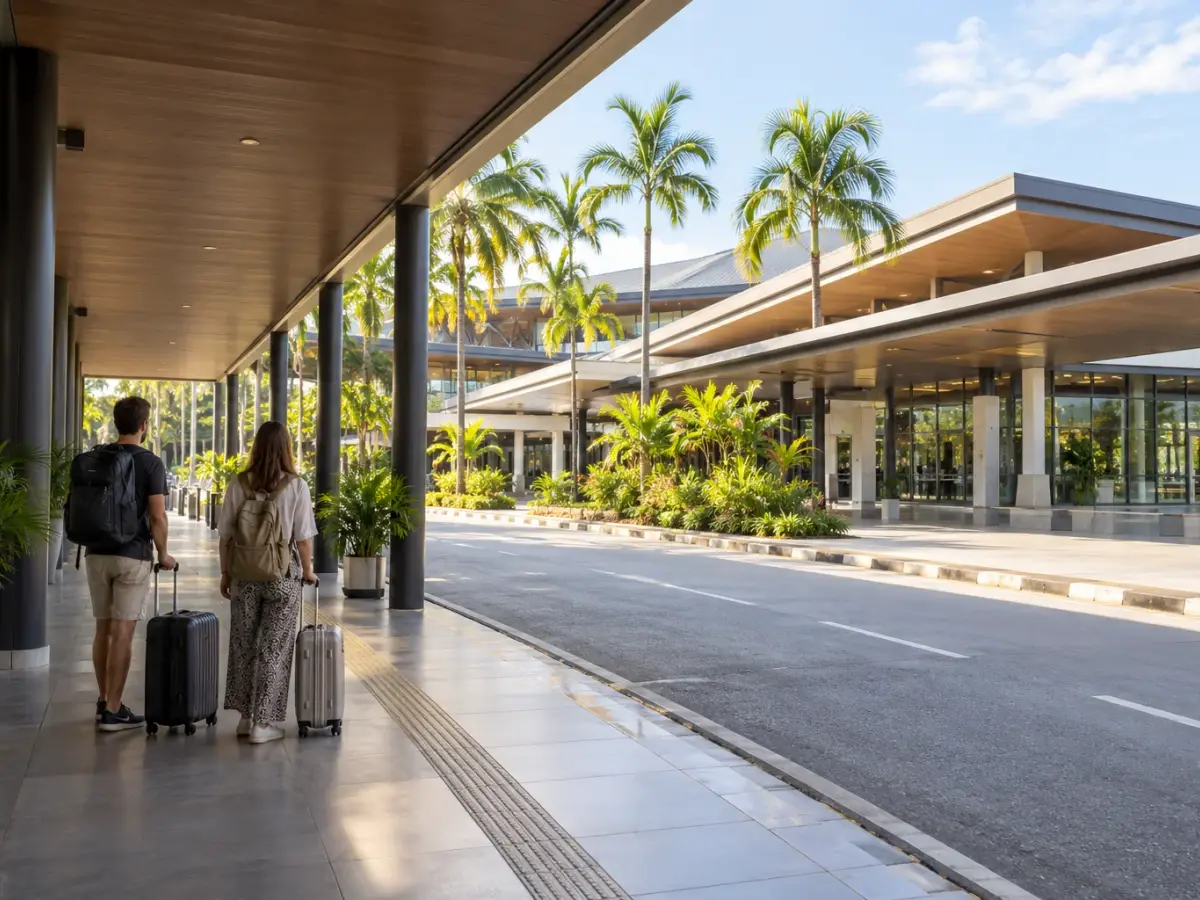 Travellers with luggage at a tropical airport pickup area in southern Thailand