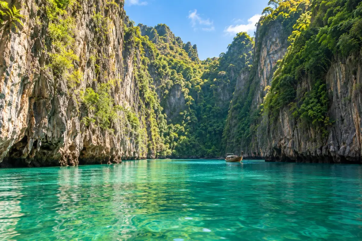 Emerald water in Pileh Lagoon beneath the Phi Phi Islands’ steep limestone cliffs