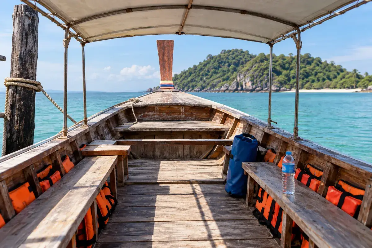 ม้านั่ง หลังคากันแดด และเสื้อชูชีพในเรือหางยาวที่จอดเทียบอยู่